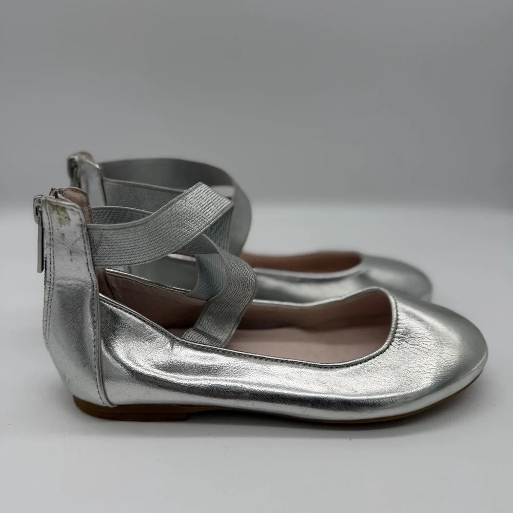 Nina Kids Silver Metallic Ballet Flats Elastic Ankle Straps Size 1M C205737